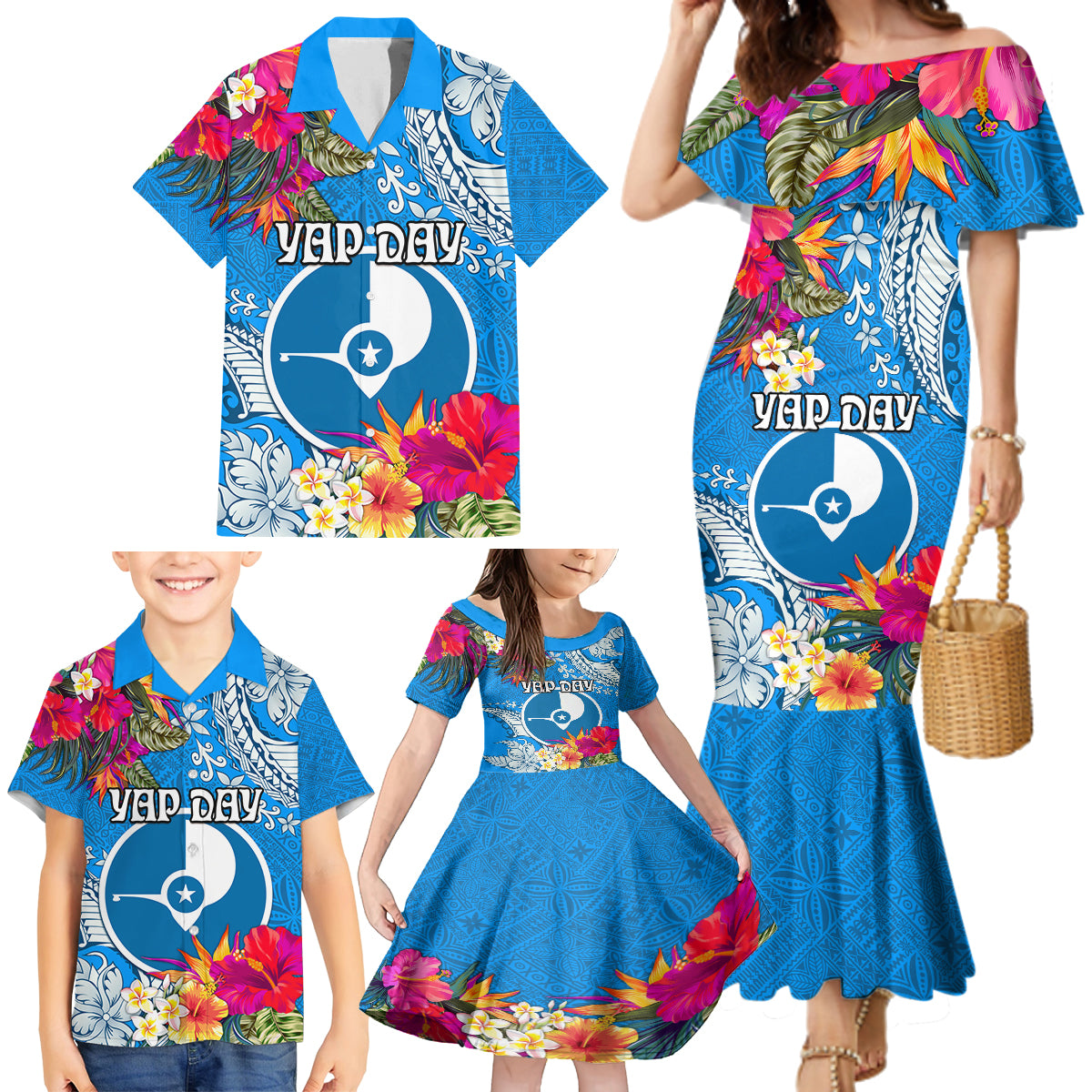 Yap Day Family Matching Mermaid Dress and Hawaiian Shirt Tapa Pattern with Hisbiscus LT03 - Polynesian Pride