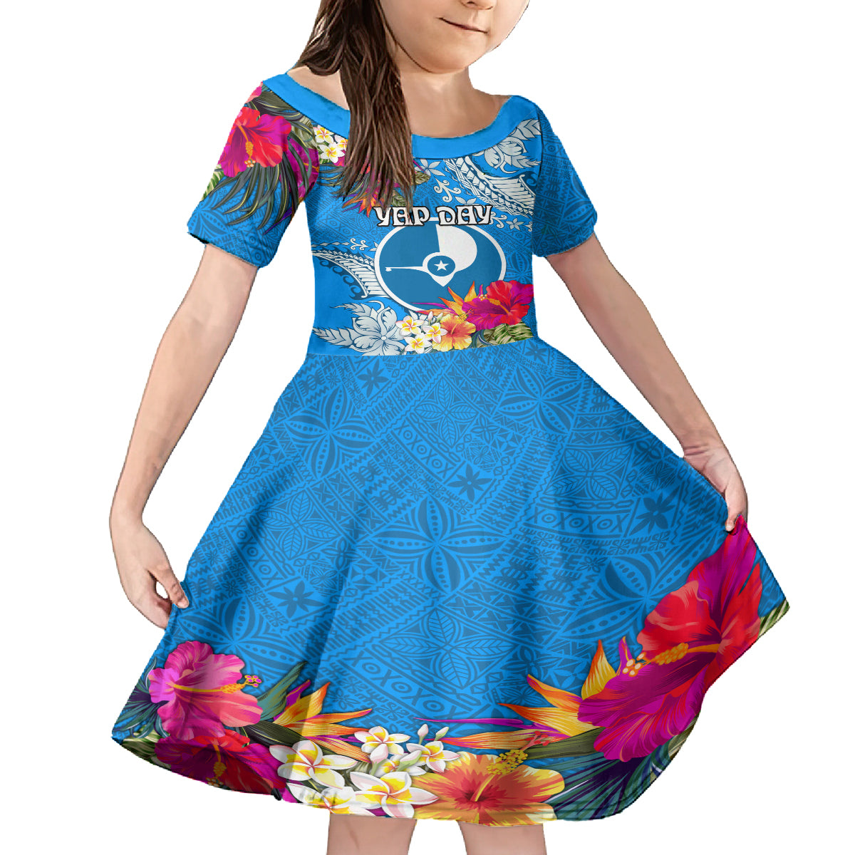 Yap Day Family Matching Off Shoulder Short Dress and Hawaiian Shirt Tapa Pattern with Hisbiscus LT03 Daughter's Dress Blue - Polynesian Pride