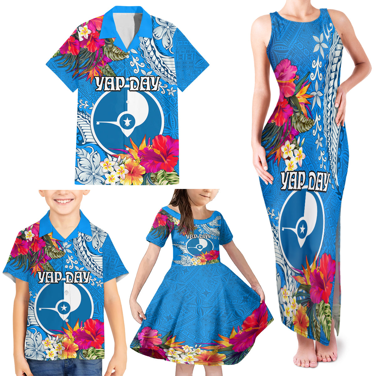 Yap Day Family Matching Tank Maxi Dress and Hawaiian Shirt Tapa Pattern with Hisbiscus LT03 - Polynesian Pride