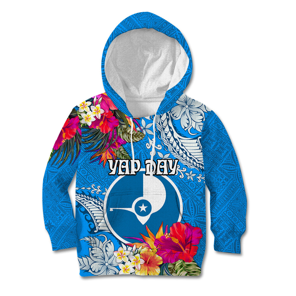 Yap Day Kid Hoodie Tapa Pattern with Hisbiscus LT03 Hoodie Blue - Polynesian Pride