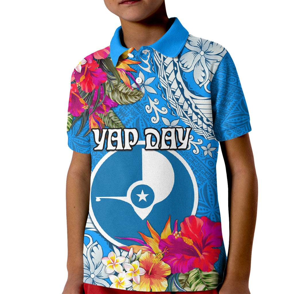 Yap Day Kid Polo Shirt Tapa Pattern with Hisbiscus LT03 Kid Blue - Polynesian Pride