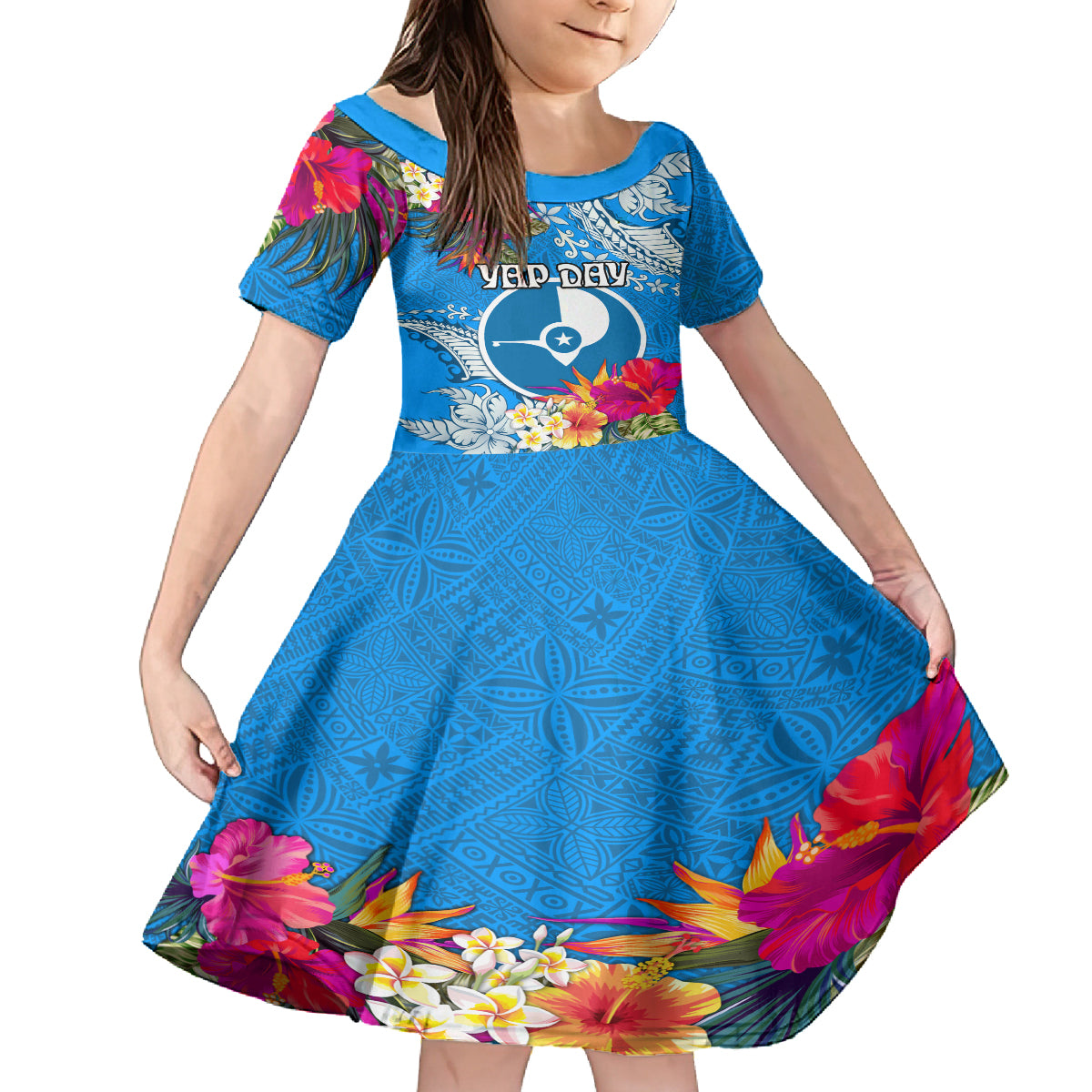 Yap Day Kid Short Sleeve Dress Tapa Pattern with Hisbiscus LT03 KID Blue - Polynesian Pride