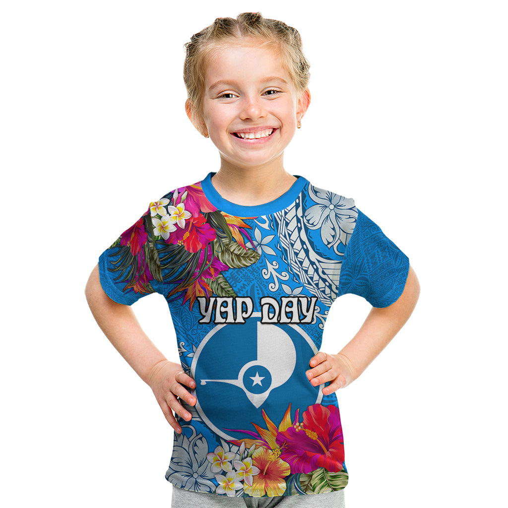 Yap Day Kid T Shirt Tapa Pattern with Hisbiscus LT03 Blue - Polynesian Pride