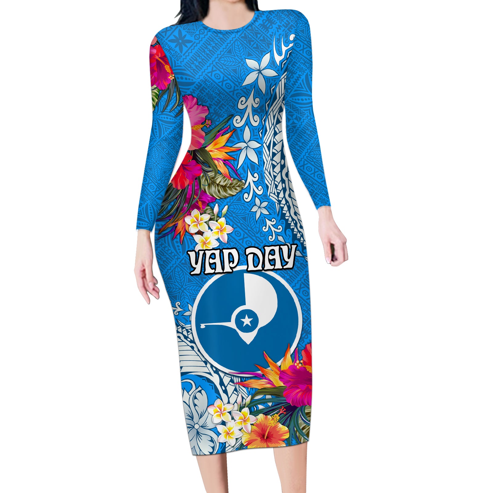 Yap Day Long Sleeve Bodycon Dress Tapa Pattern with Hisbiscus LT03 Long Dress Blue - Polynesian Pride