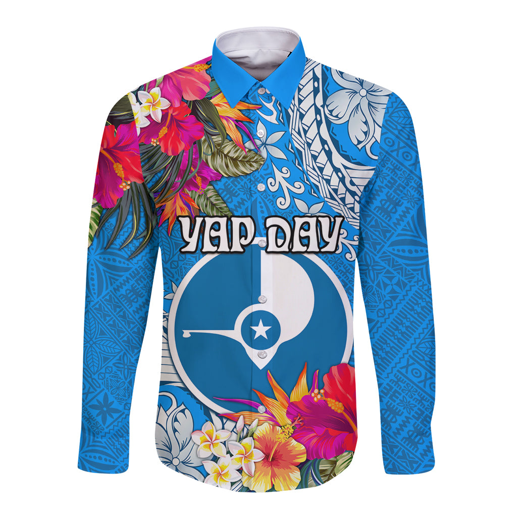 Yap Day Long Sleeve Button Shirt Tapa Pattern with Hisbiscus LT03 Unisex Blue - Polynesian Pride