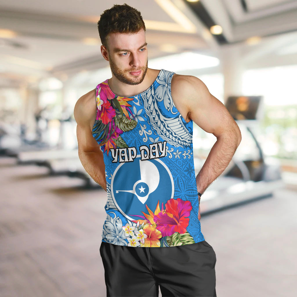 Yap Day Men Tank Top Tapa Pattern with Hisbiscus LT03 Blue - Polynesian Pride