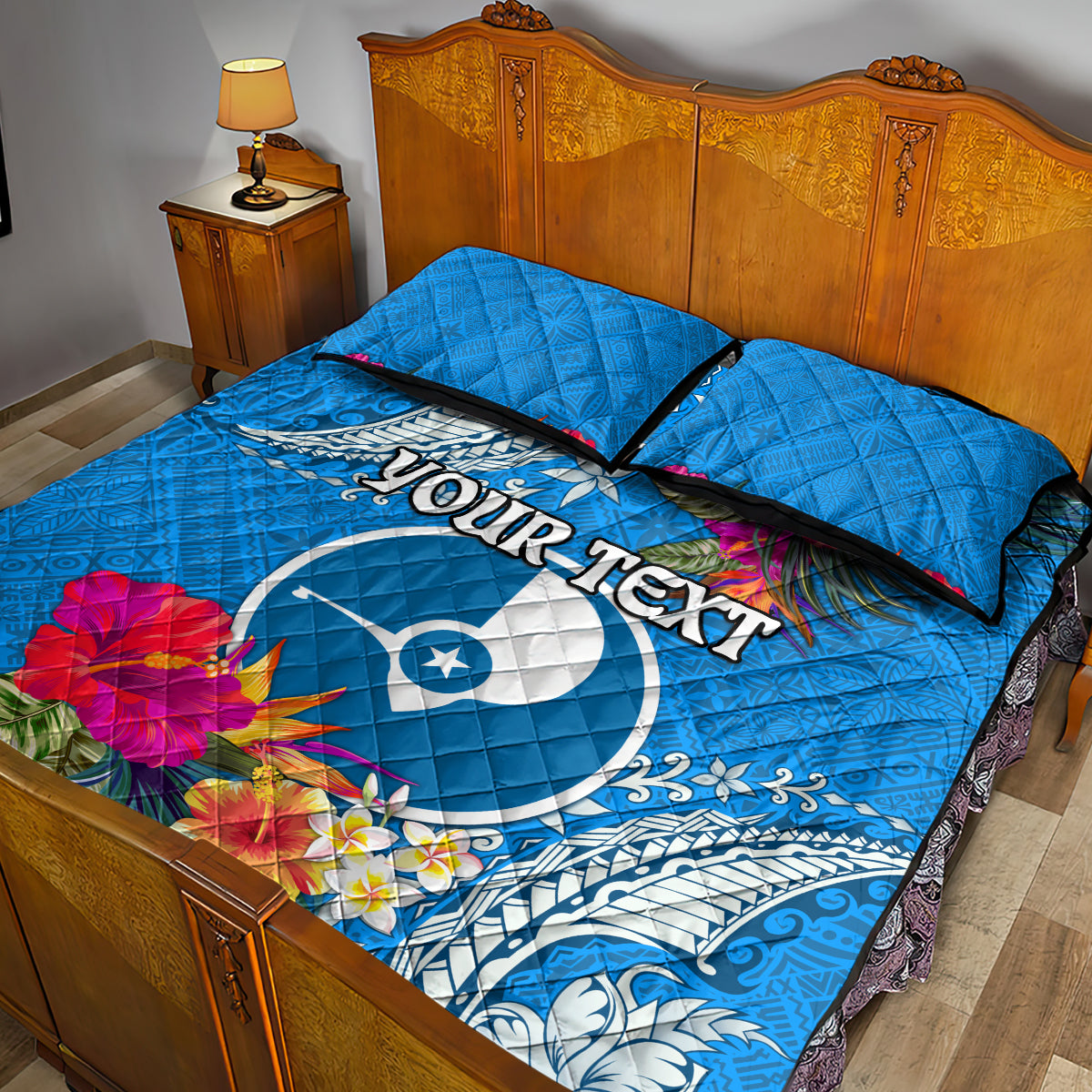 Yap Day Quilt Bed Set Tapa Pattern with Hisbiscus