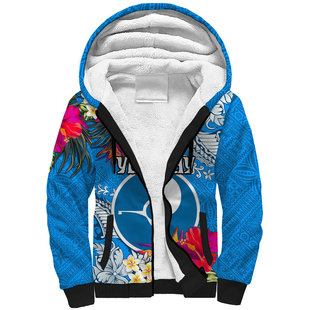 Yap Day Sherpa Hoodie Tapa Pattern with Hisbiscus LT03 Unisex Blue - Polynesian Pride