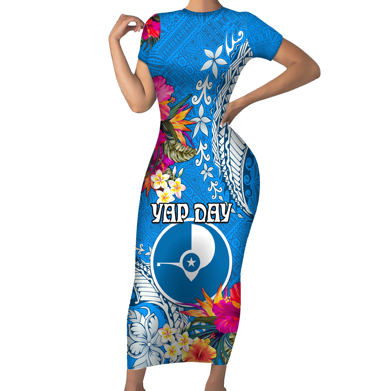 Yap Day Short Sleeve Bodycon Dress Tapa Pattern with Hisbiscus LT03 Long Dress Blue - Polynesian Pride