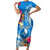 Yap Day Short Sleeve Bodycon Dress Tapa Pattern with Hisbiscus LT03 Long Dress Blue - Polynesian Pride