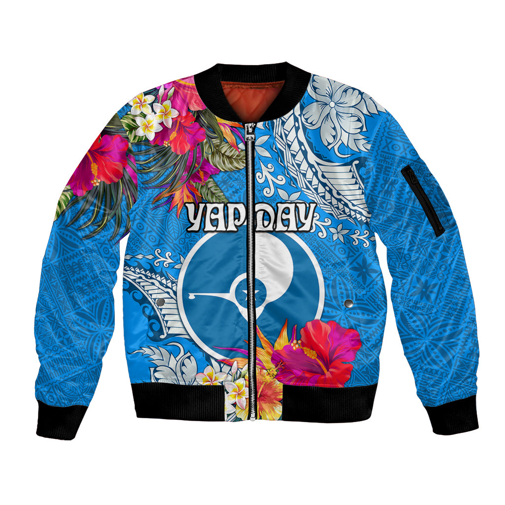 Yap Day Sleeve Zip Bomber Jacket Tapa Pattern with Hisbiscus LT03 Unisex Blue - Polynesian Pride