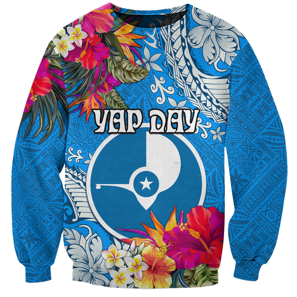 Yap Day Sweatshirt Tapa Pattern with Hisbiscus LT03 Unisex Blue - Polynesian Pride