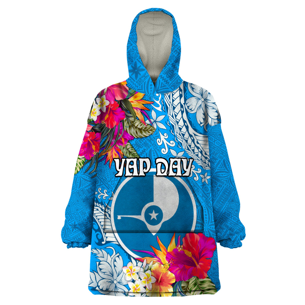 Yap Day Wearable Blanket Hoodie Tapa Pattern with Hisbiscus LT03 One Size Blue - Polynesian Pride