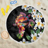 Hawaiian Lei Day Beach Blanket Plumeria and Turtle with Polynesian Tribal Pattern LT03 One Size 150cm Black - Polynesian Pride