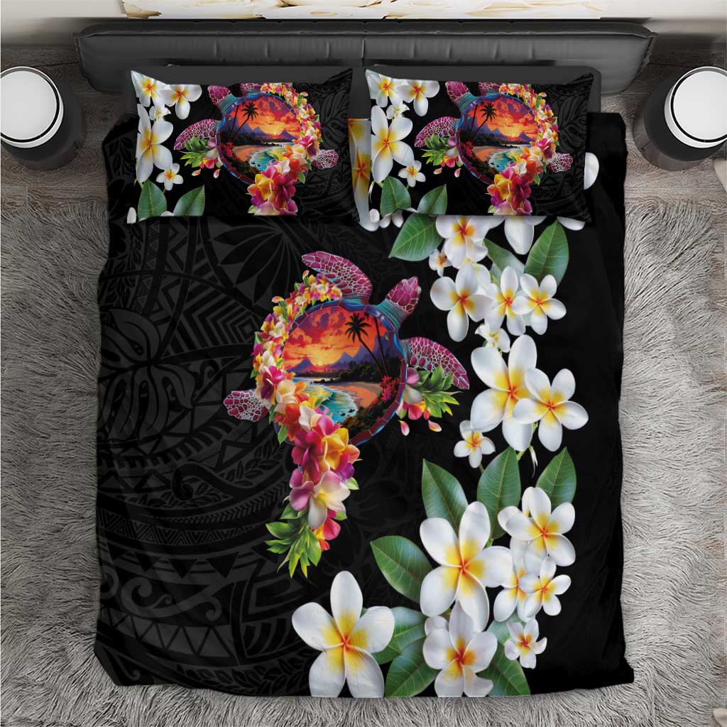 Hawaiian Lei Day Bedding Set Plumeria and Turtle with Polynesian Tribal Pattern