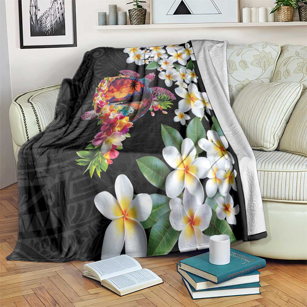 Hawaiian Lei Day Blanket Plumeria and Turtle with Polynesian Tribal Pattern LT03 Black - Polynesian Pride