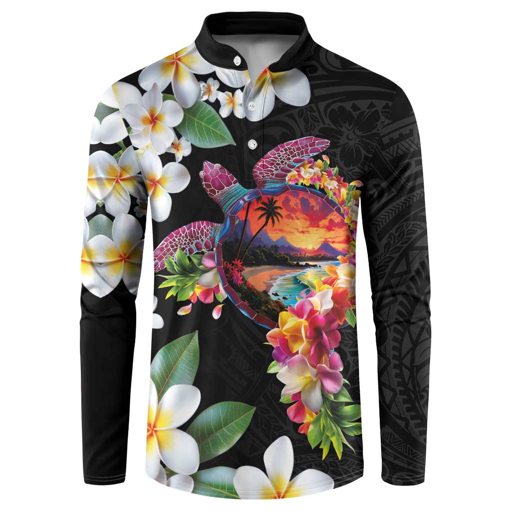 Hawaiian Lei Day Button Sweatshirt Plumeria and Turtle with Polynesian Tribal Pattern LT03 Black - Polynesian Pride