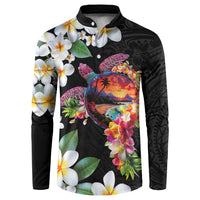 Hawaiian Lei Day Button Sweatshirt Plumeria and Turtle with Polynesian Tribal Pattern LT03 Black - Polynesian Pride