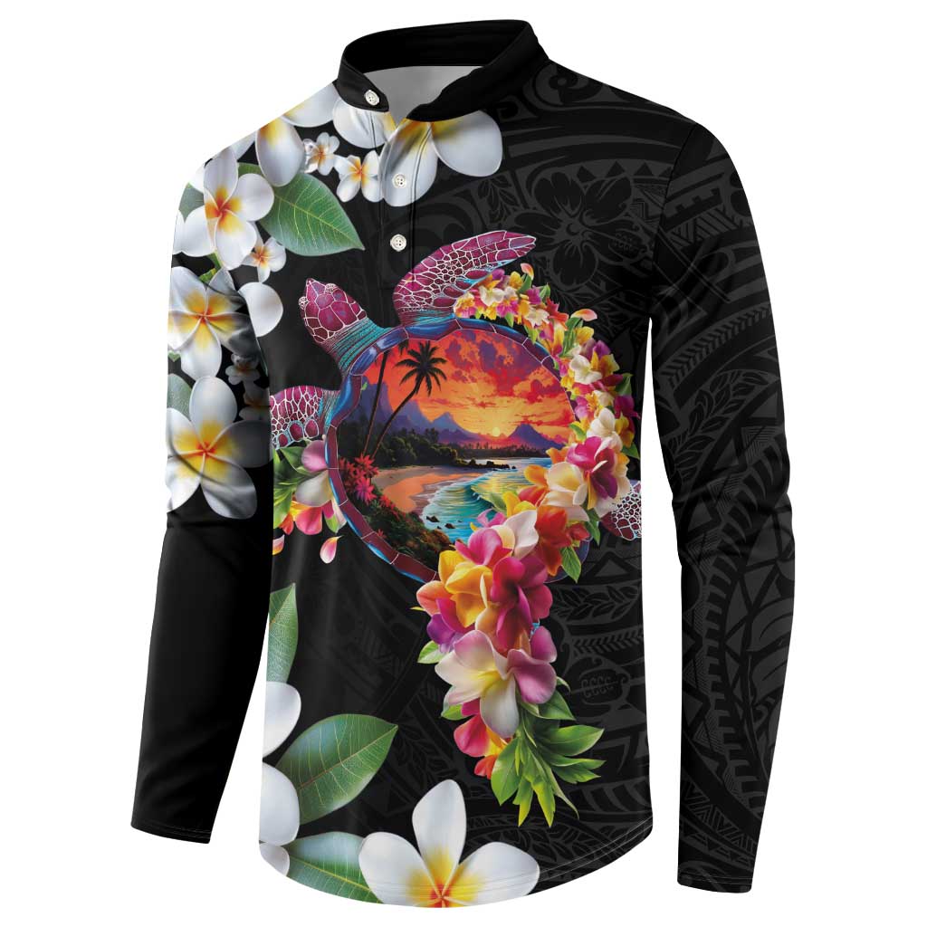 Hawaiian Lei Day Button Sweatshirt Plumeria and Turtle with Polynesian Tribal Pattern LT03 - Polynesian Pride