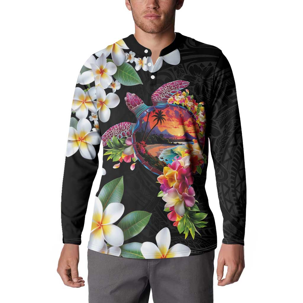 Hawaiian Lei Day Button Sweatshirt Plumeria and Turtle with Polynesian Tribal Pattern LT03 - Polynesian Pride