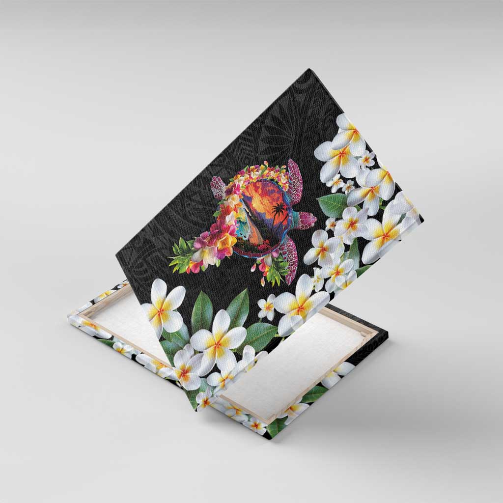 Hawaiian Lei Day Canvas Wall Art Plumeria and Turtle with Polynesian Tribal Pattern LT03 With Frame Black - Polynesian Pride