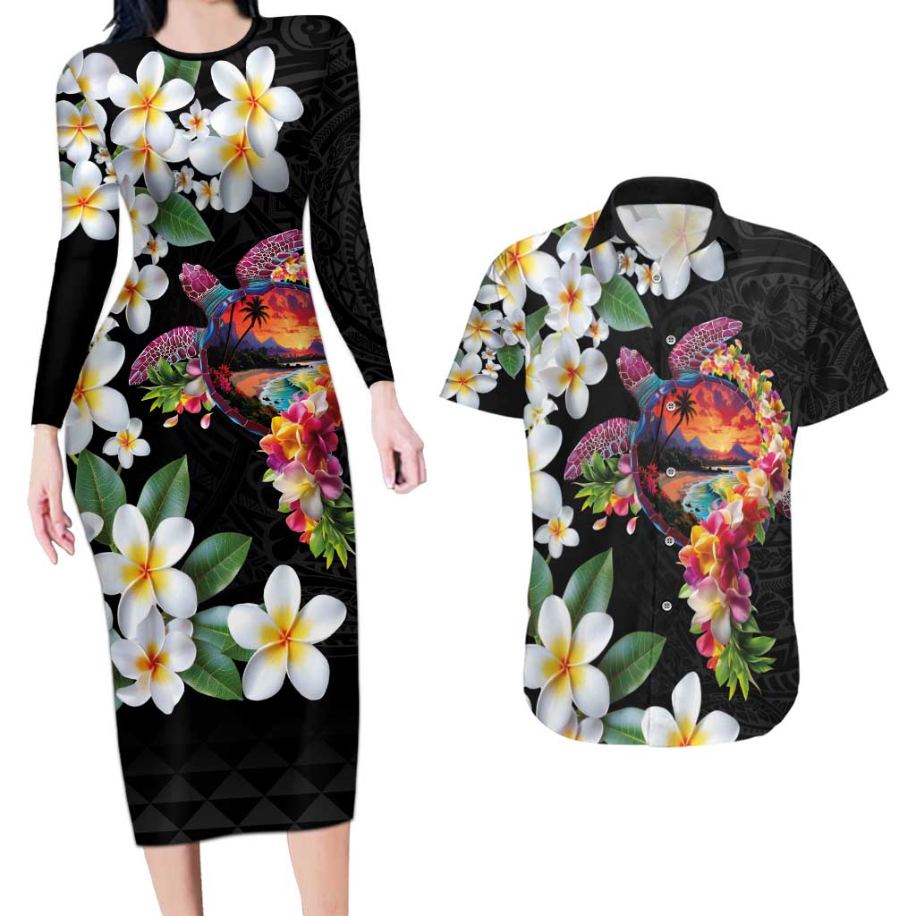 Hawaiian Lei Day Couples Matching Long Sleeve Bodycon Dress and Hawaiian Shirt Plumeria and Turtle with Polynesian Tribal Pattern LT03 Black - Polynesian Pride