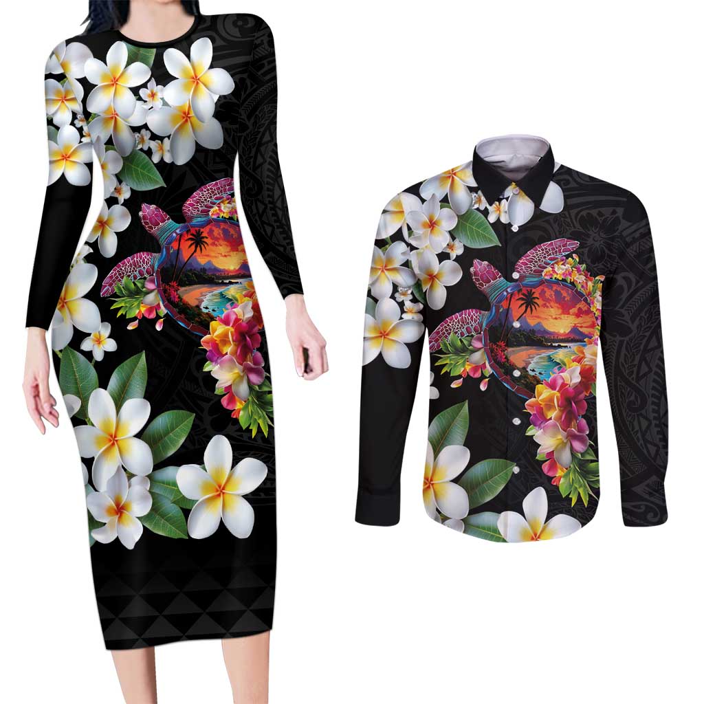 Hawaiian Lei Day Couples Matching Long Sleeve Bodycon Dress and Long Sleeve Button Shirt Plumeria and Turtle with Polynesian Tribal Pattern LT03 Black - Polynesian Pride