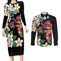 Hawaiian Lei Day Couples Matching Long Sleeve Bodycon Dress and Long Sleeve Button Shirt Plumeria and Turtle with Polynesian Tribal Pattern LT03 Black - Polynesian Pride