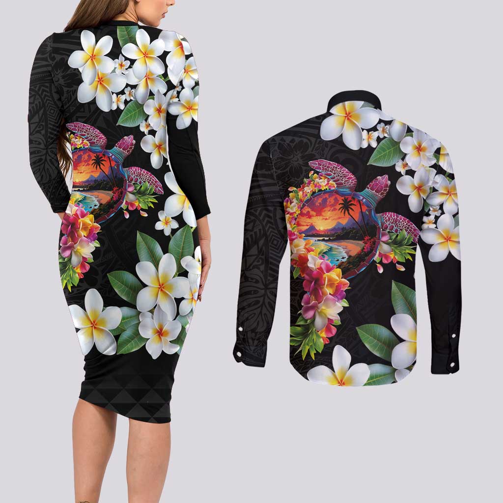 Hawaiian Lei Day Couples Matching Long Sleeve Bodycon Dress and Long Sleeve Button Shirt Plumeria and Turtle with Polynesian Tribal Pattern LT03 - Polynesian Pride