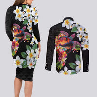 Hawaiian Lei Day Couples Matching Long Sleeve Bodycon Dress and Long Sleeve Button Shirt Plumeria and Turtle with Polynesian Tribal Pattern LT03 - Polynesian Pride