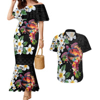 Hawaiian Lei Day Couples Matching Mermaid Dress and Hawaiian Shirt Plumeria and Turtle with Polynesian Tribal Pattern LT03 Black - Polynesian Pride