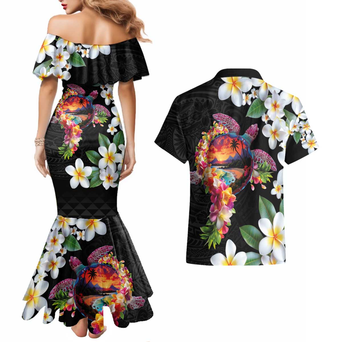 Hawaiian Lei Day Couples Matching Mermaid Dress and Hawaiian Shirt Plumeria and Turtle with Polynesian Tribal Pattern LT03 - Polynesian Pride