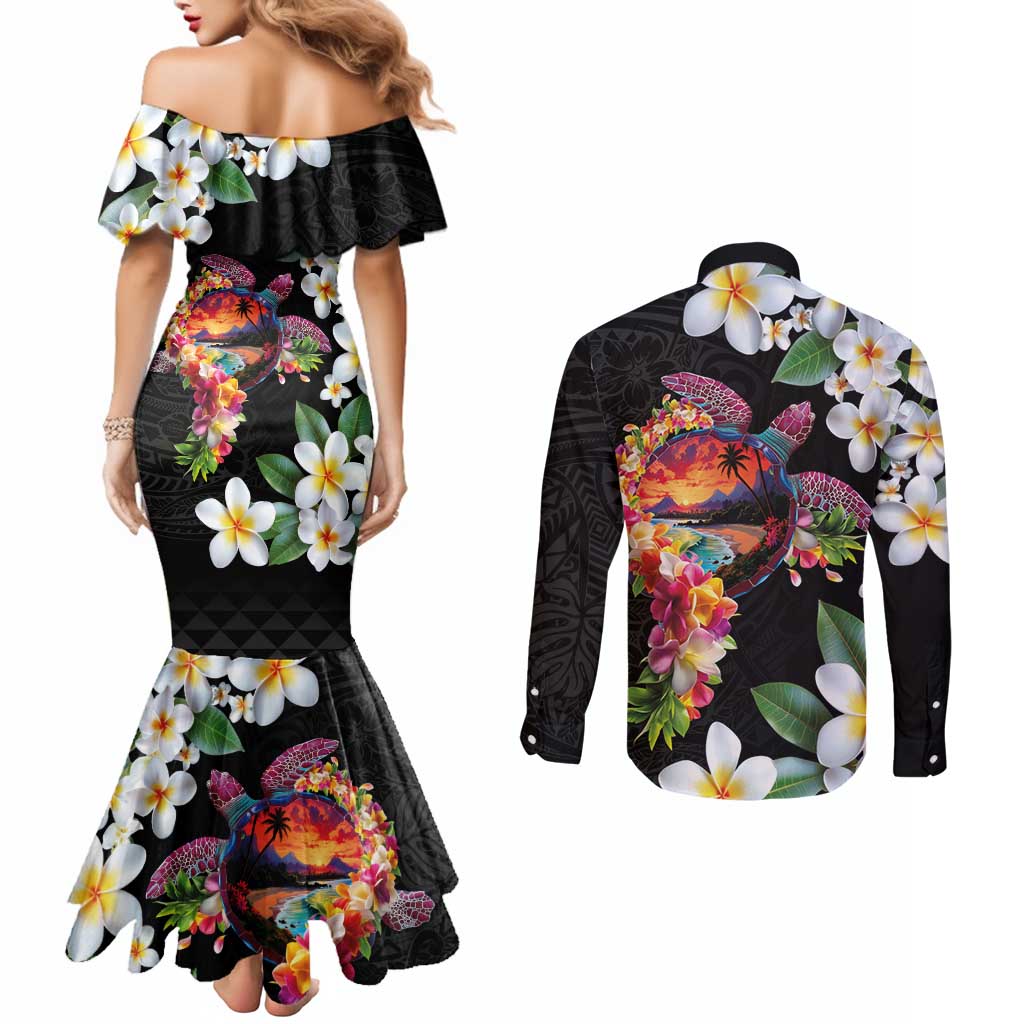 Hawaiian Lei Day Couples Matching Mermaid Dress and Long Sleeve Button Shirt Plumeria and Turtle with Polynesian Tribal Pattern LT03 - Polynesian Pride