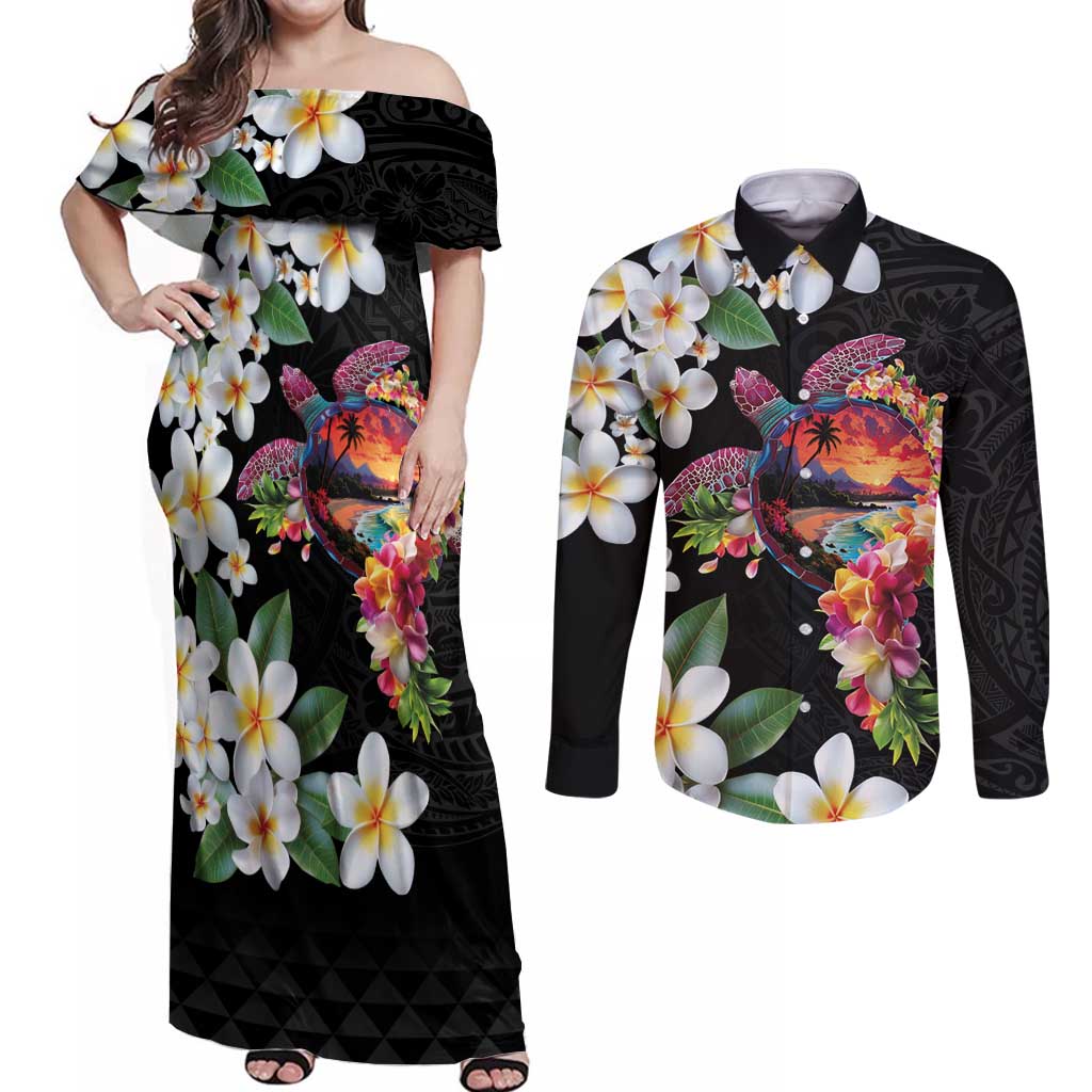 Hawaiian Lei Day Couples Matching Off Shoulder Maxi Dress and Long Sleeve Button Shirt Plumeria and Turtle with Polynesian Tribal Pattern LT03 Black - Polynesian Pride