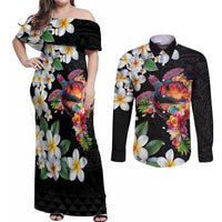 Hawaiian Lei Day Couples Matching Off Shoulder Maxi Dress and Long Sleeve Button Shirt Plumeria and Turtle with Polynesian Tribal Pattern LT03 Black - Polynesian Pride