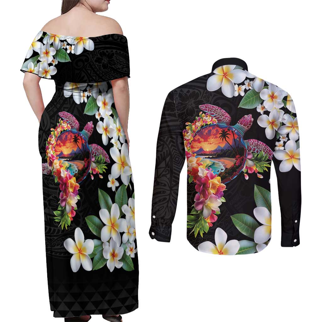 Hawaiian Lei Day Couples Matching Off Shoulder Maxi Dress and Long Sleeve Button Shirt Plumeria and Turtle with Polynesian Tribal Pattern LT03 - Polynesian Pride
