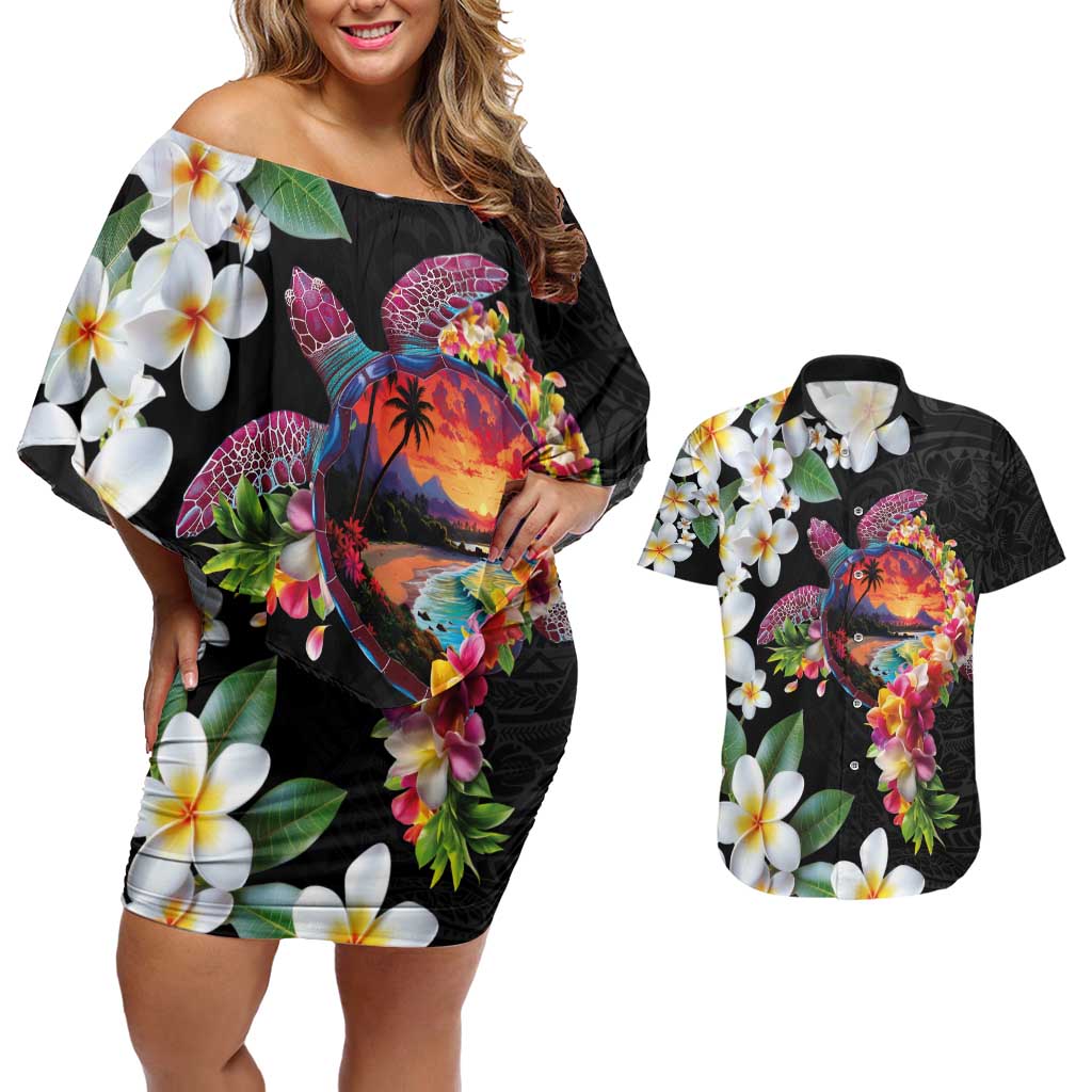 Hawaiian Lei Day Couples Matching Off Shoulder Short Dress and Hawaiian Shirt Plumeria and Turtle with Polynesian Tribal Pattern LT03 Black - Polynesian Pride