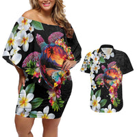 Hawaiian Lei Day Couples Matching Off Shoulder Short Dress and Hawaiian Shirt Plumeria and Turtle with Polynesian Tribal Pattern LT03 Black - Polynesian Pride