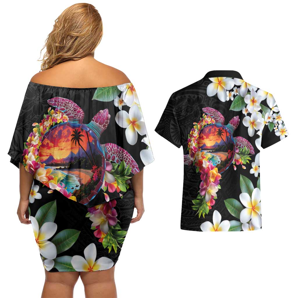 Hawaiian Lei Day Couples Matching Off Shoulder Short Dress and Hawaiian Shirt Plumeria and Turtle with Polynesian Tribal Pattern LT03 - Polynesian Pride