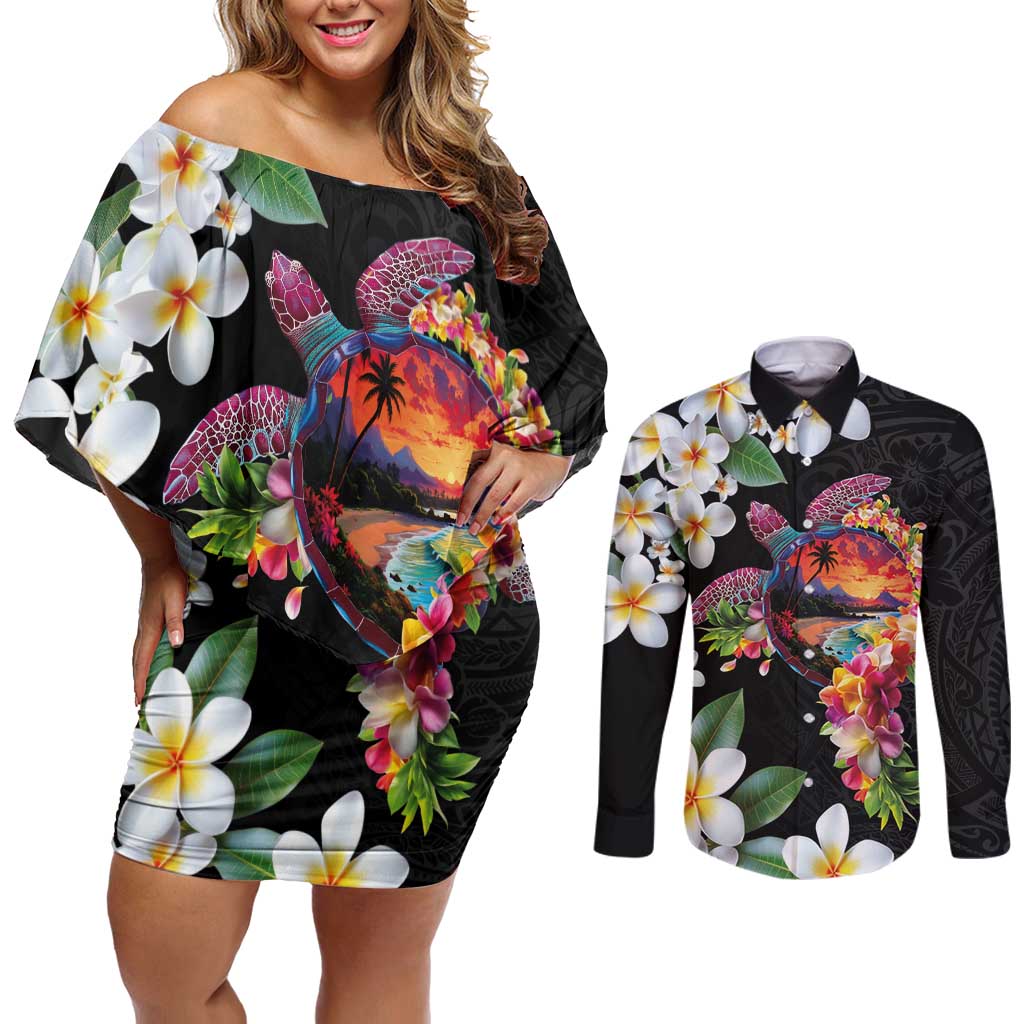 Hawaiian Lei Day Couples Matching Off Shoulder Short Dress and Long Sleeve Button Shirt Plumeria and Turtle with Polynesian Tribal Pattern LT03 Black - Polynesian Pride