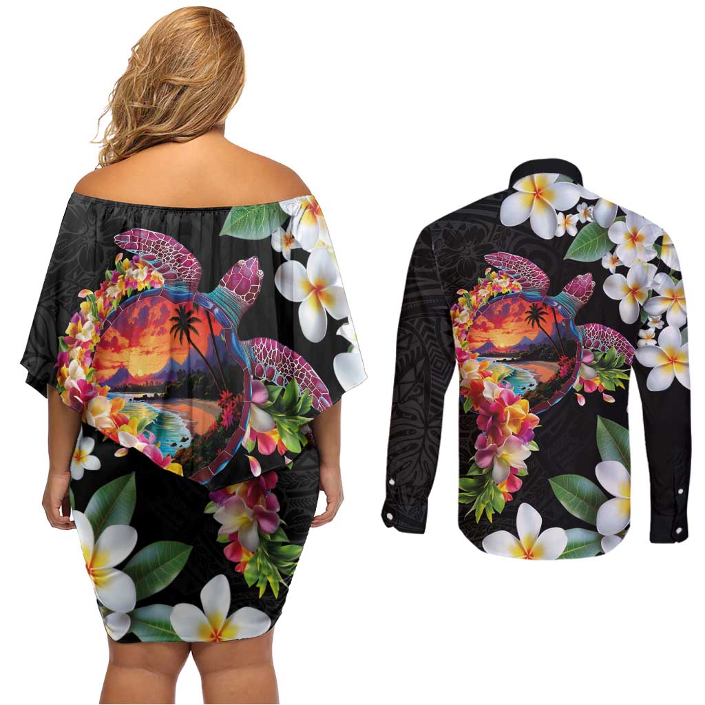 Hawaiian Lei Day Couples Matching Off Shoulder Short Dress and Long Sleeve Button Shirt Plumeria and Turtle with Polynesian Tribal Pattern LT03 - Polynesian Pride