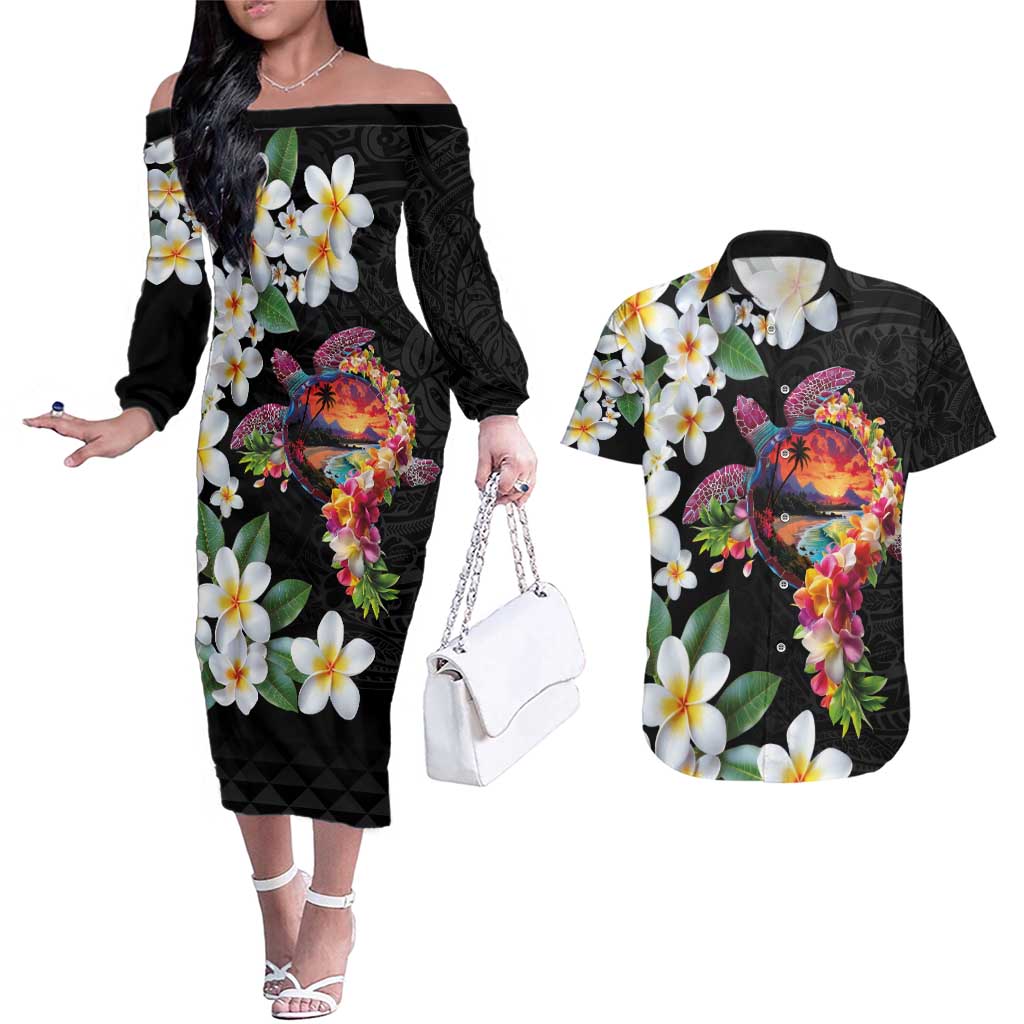 Hawaiian Lei Day Couples Matching Off The Shoulder Long Sleeve Dress and Hawaiian Shirt Plumeria and Turtle with Polynesian Tribal Pattern LT03 Black - Polynesian Pride
