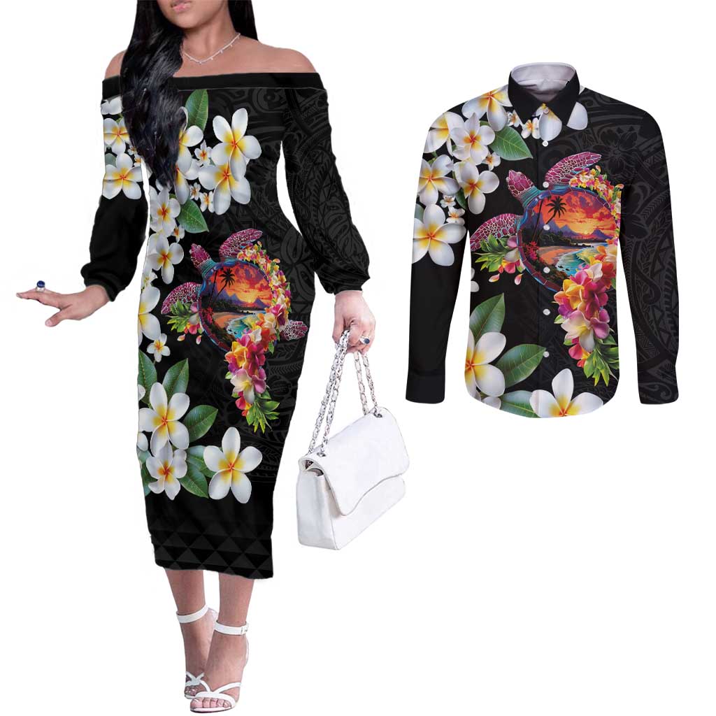 Hawaiian Lei Day Couples Matching Off The Shoulder Long Sleeve Dress and Long Sleeve Button Shirt Plumeria and Turtle with Polynesian Tribal Pattern LT03 Black - Polynesian Pride