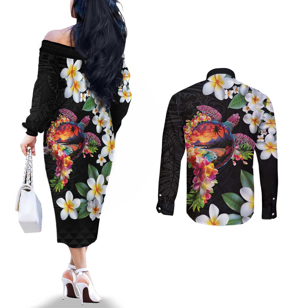 Hawaiian Lei Day Couples Matching Off The Shoulder Long Sleeve Dress and Long Sleeve Button Shirt Plumeria and Turtle with Polynesian Tribal Pattern LT03 - Polynesian Pride