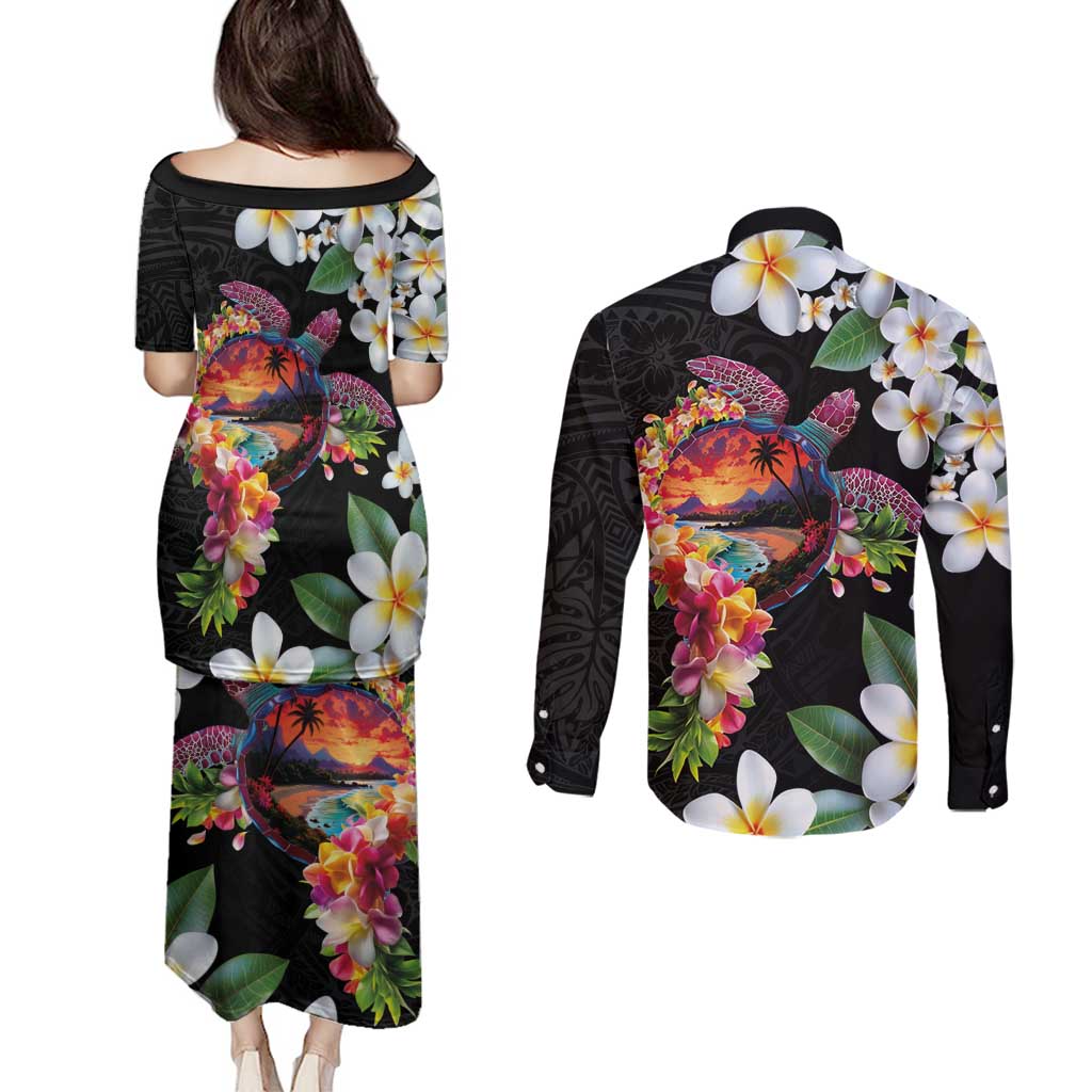 Hawaiian Lei Day Couples Matching Puletasi and Long Sleeve Button Shirt Plumeria and Turtle with Polynesian Tribal Pattern LT03 - Polynesian Pride