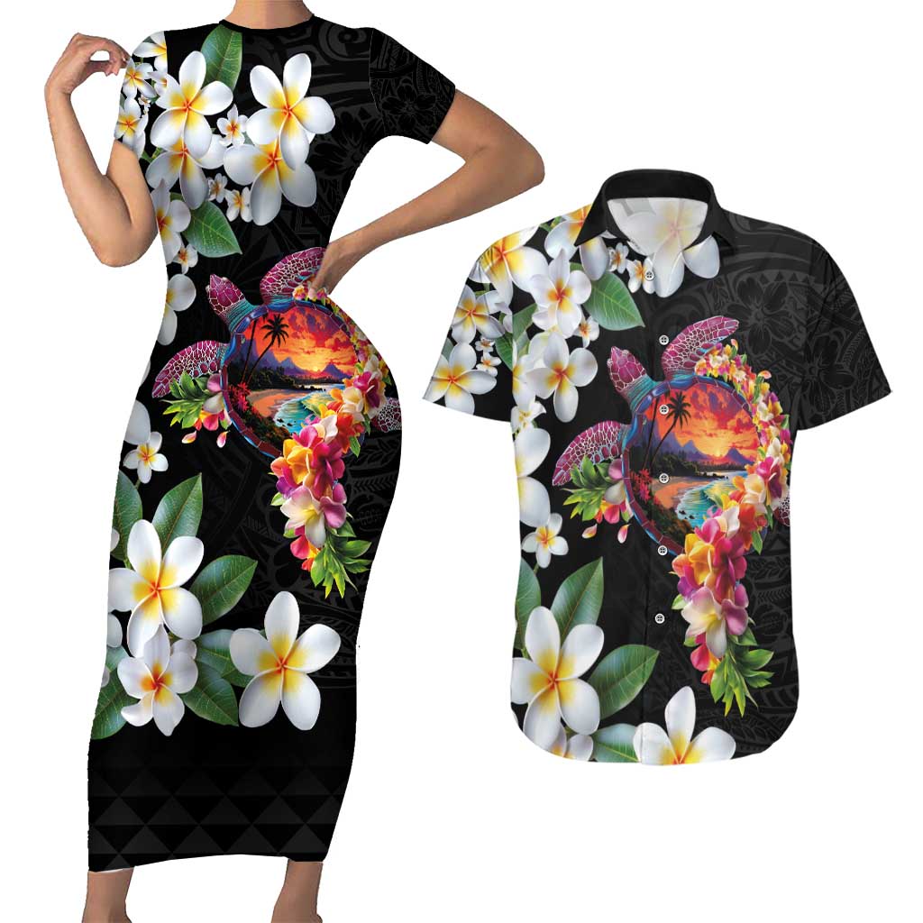Hawaiian Lei Day Couples Matching Short Sleeve Bodycon Dress and Hawaiian Shirt Plumeria and Turtle with Polynesian Tribal Pattern LT03 Black - Polynesian Pride