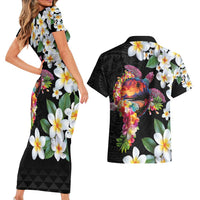 Hawaiian Lei Day Couples Matching Short Sleeve Bodycon Dress and Hawaiian Shirt Plumeria and Turtle with Polynesian Tribal Pattern LT03 - Polynesian Pride
