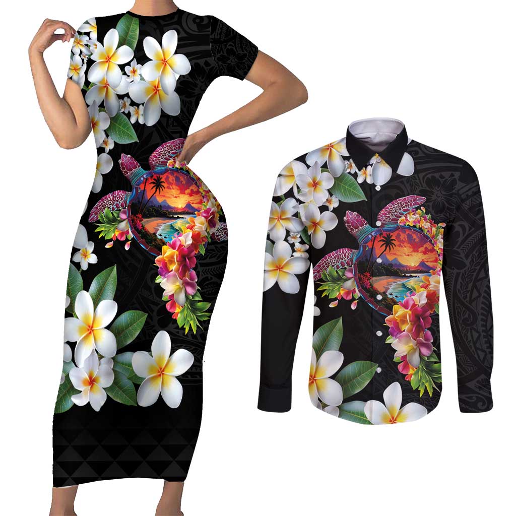 Hawaiian Lei Day Couples Matching Short Sleeve Bodycon Dress and Long Sleeve Button Shirt Plumeria and Turtle with Polynesian Tribal Pattern LT03 Black - Polynesian Pride
