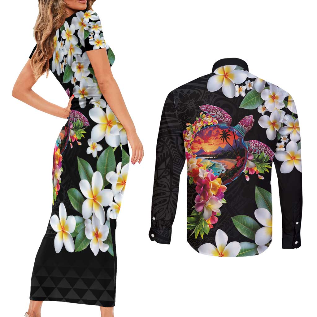Hawaiian Lei Day Couples Matching Short Sleeve Bodycon Dress and Long Sleeve Button Shirt Plumeria and Turtle with Polynesian Tribal Pattern LT03 - Polynesian Pride