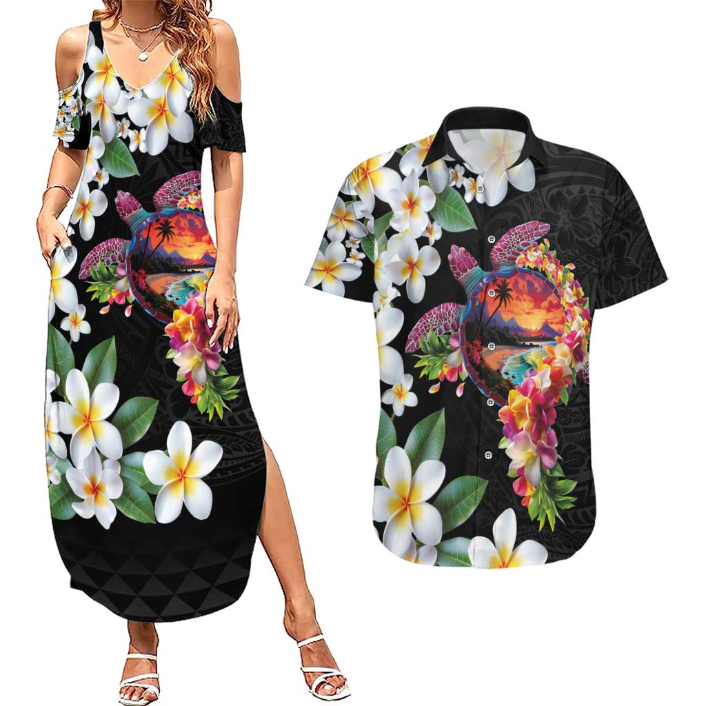 Hawaiian Lei Day Couples Matching Summer Maxi Dress and Hawaiian Shirt Plumeria and Turtle with Polynesian Tribal Pattern LT03 Black - Polynesian Pride